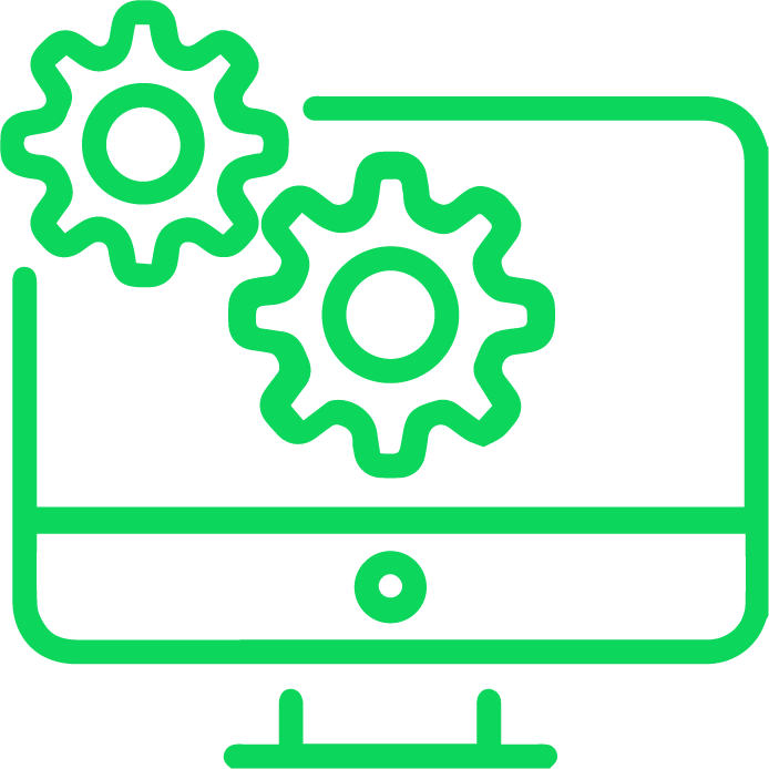 Symbole vert d'un pc fixe avec roues crantés symbolisant la gestion des utilisateurs