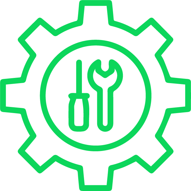 Symbole vert d'une roue cranté avec des outils à l'intérieur symbolisant la gestion sav et réparations