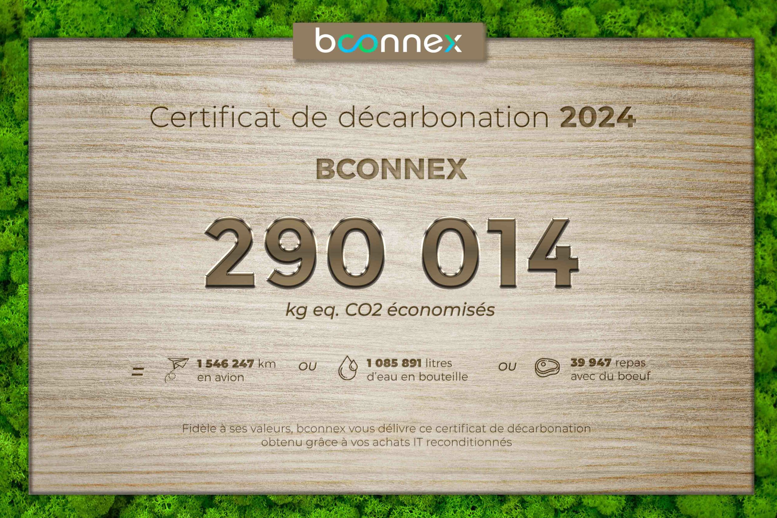Certificat de décarbonation bconnex avec les kg de co2 économisé sur l'année, privilégiez le reconditionné