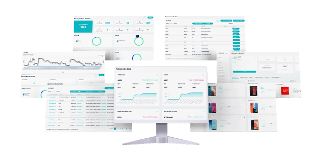 Ordinateur central avec une vision du logiciel de gestion des terminaux Mobilehub. Plusieurs autres écran gravitent autour.